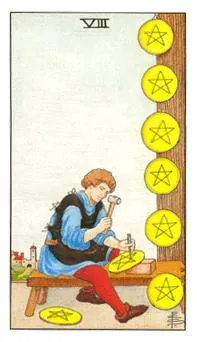 星币八 Eight of Pentacles 塔罗牌牌面